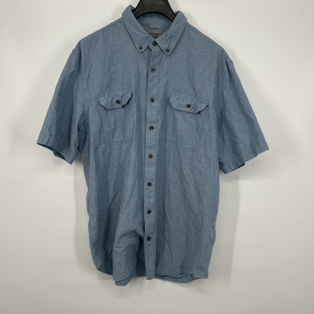 Carhartt Men's 2XL Tall Button Up Shirt Short Sleeve Blue Cotton Workwear Relax